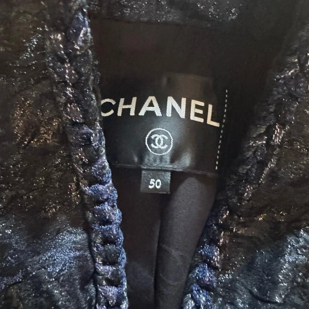 Chanel Black Blue Floral Jacquard Longline Jacket Camellia CC Logo FR50 US 16 18